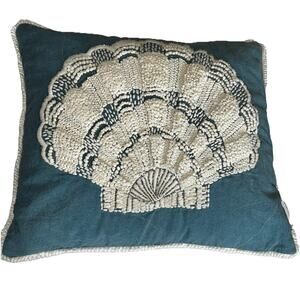Coastal Collection Nautical Throw Pillow Woven Clam Shell Beaded 13” Blue White